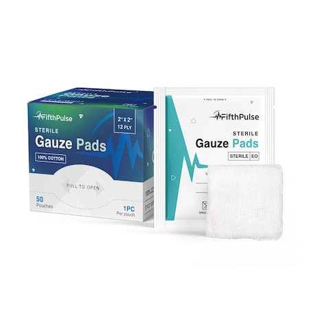 Fifthpulse Sterile Gauze Pads 2 in. x 2 in. Individually Packed Pouches, 100% Cotton, 50PK FMN100651